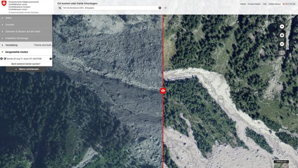 Picture symbolizing Rapid Mapping:  Pre-disaster (right) and post-disaster (left) aerial imagery over debris flow-affected area in Val Bondasca in August 2017. Comparison allows for detection and assessment of damages.