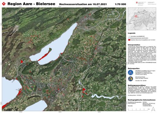 Illustration of the flooded areas calculated from a SAR image of the RADARSAT Constellation Mission (16.07.2021 17:14:52 UTC). The background image is based on the SWISSIMAGE product from swisstopo. 